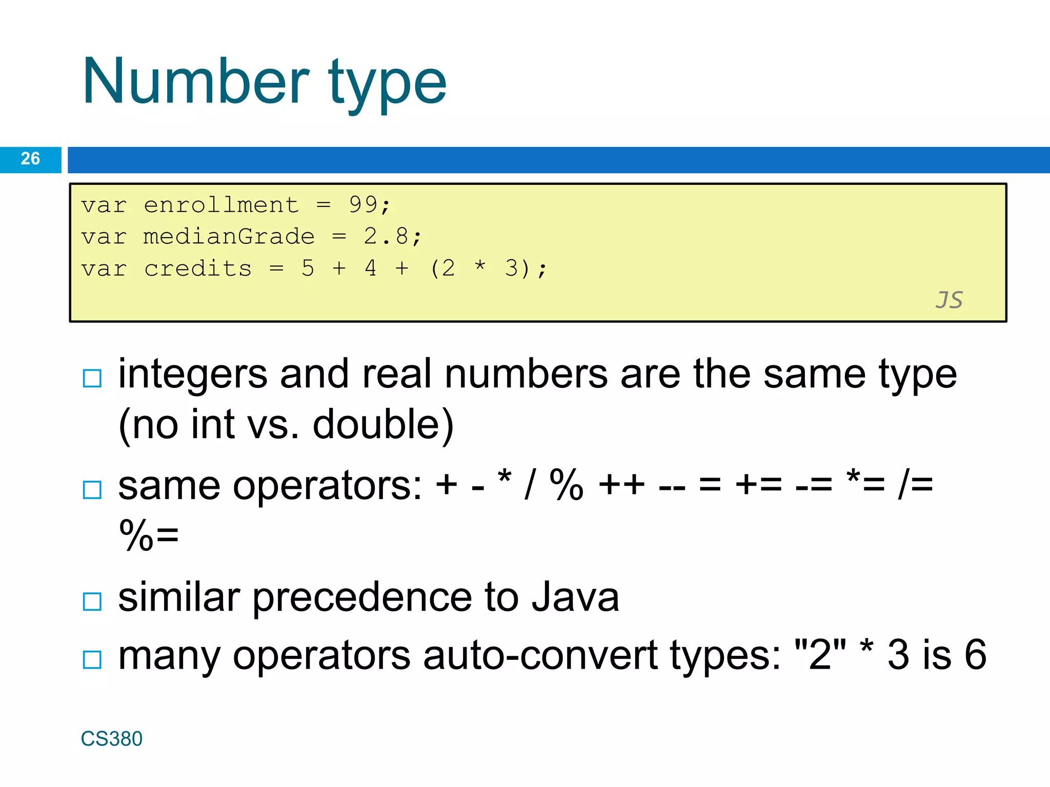 Number type
 integers and real numbers are the same type
(no int vs. double)
 same operators: + - * / % ++ -- = += -= *= /=
%=
 similar precedence to Java
 many operators auto-convert types: "2" * 3 is 6
CS380
26
var enrollment = 99;
var medianGrade = 2.8;
var credits = 5 + 4 + (2 * 3);
JS
 