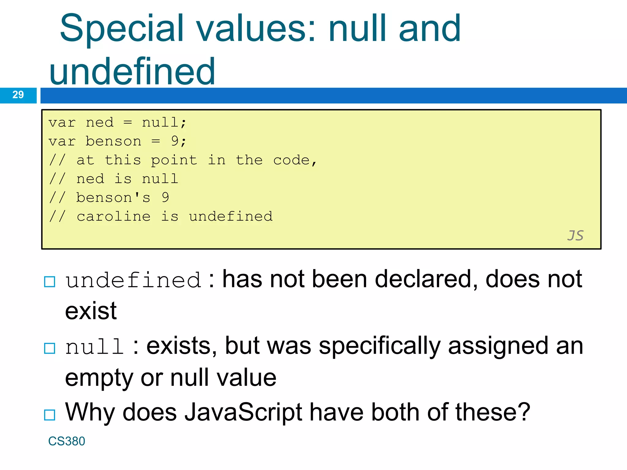 Special values: null and
undefined
29
var ned = null;
var benson = 9;
// at this point in the code,
// ned is null
// benson's 9
// caroline is undefined
JS
CS380
 undefined : has not been declared, does not
exist
 null : exists, but was specifically assigned an
empty or null value
 Why does JavaScript have both of these?
 