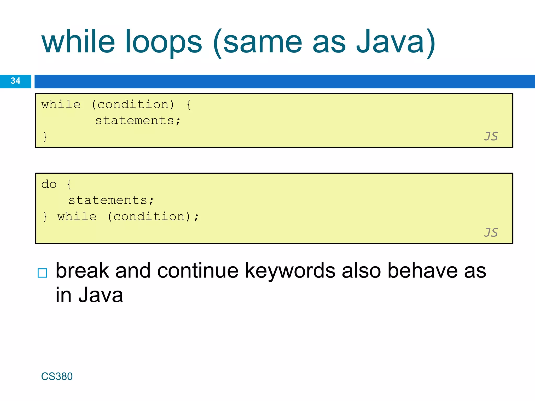 while loops (same as Java)
34
while (condition) {
statements;
} JS
CS380
 break and continue keywords also behave as
in Java
do {
statements;
} while (condition);
JS
 