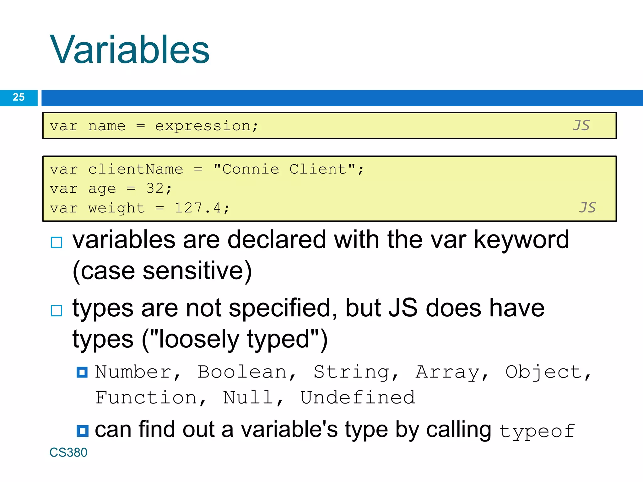 Variables
 variables are declared with the var keyword
(case sensitive)
 types are not specified, but JS does have
types ("loosely typed")
 Number, Boolean, String, Array, Object,
Function, Null, Undefined
 can find out a variable's type by calling typeof
CS380
25
var name = expression; JS
var clientName = "Connie Client";
var age = 32;
var weight = 127.4; JS
 