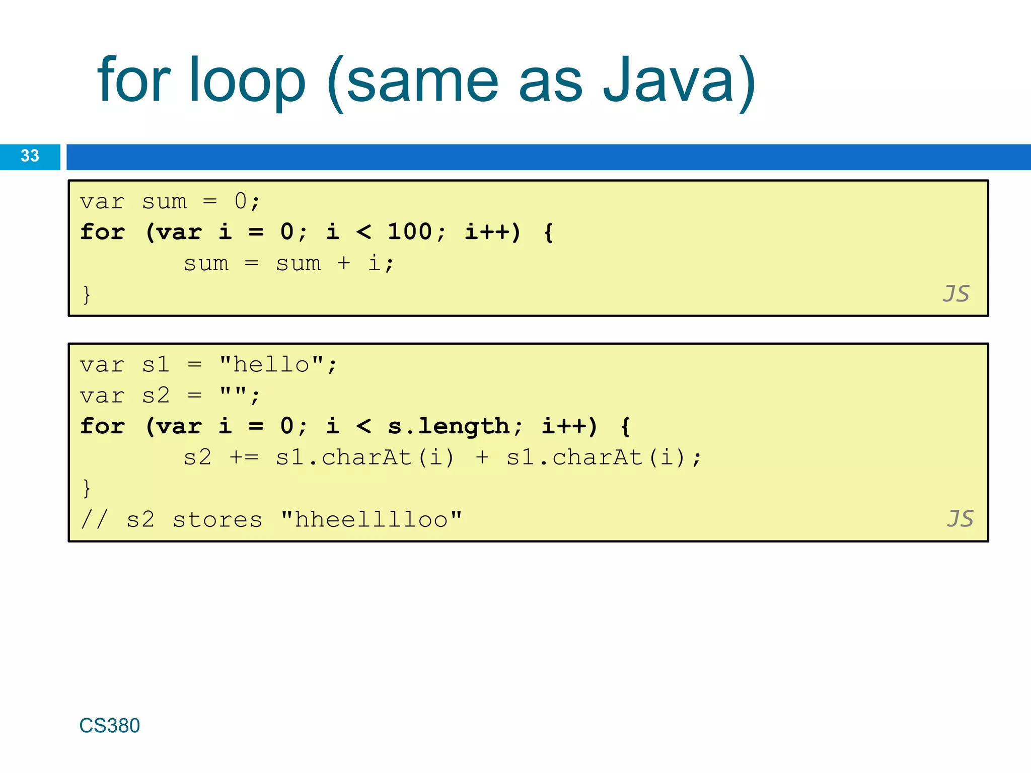for loop (same as Java)
33
var sum = 0;
for (var i = 0; i < 100; i++) {
sum = sum + i;
} JS
var s1 = "hello";
var s2 = "";
for (var i = 0; i < s.length; i++) {
s2 += s1.charAt(i) + s1.charAt(i);
}
// s2 stores "hheelllloo" JS
CS380
 