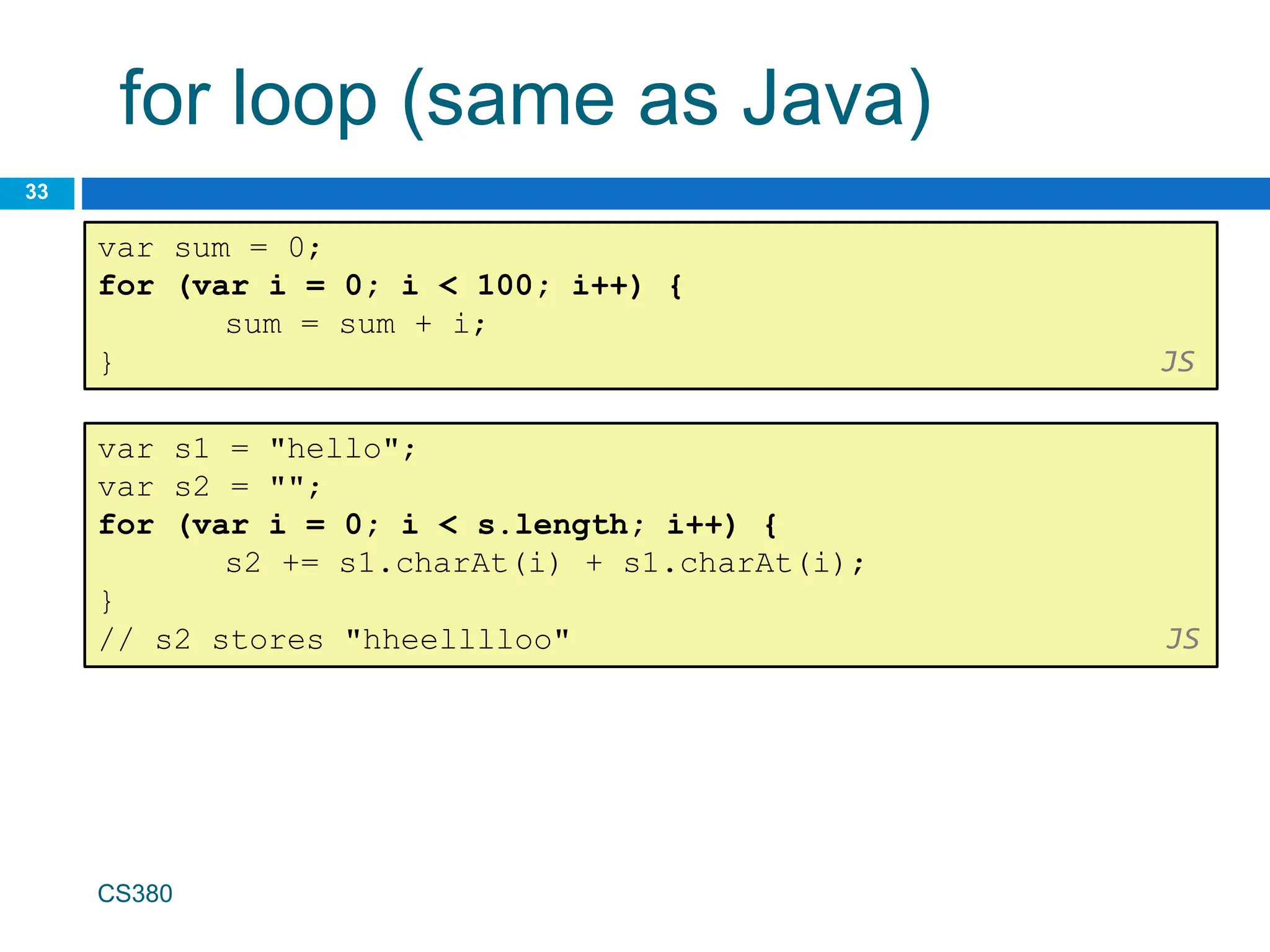 for loop (same as Java)
33
var sum = 0;
for (var i = 0; i < 100; i++) {
sum = sum + i;
} JS
var s1 = "hello";
var s2 = "";
for (var i = 0; i < s.length; i++) {
s2 += s1.charAt(i) + s1.charAt(i);
}
// s2 stores "hheelllloo" JS
CS380
 