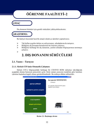 ÖĞRENME FAALİ
                             YETİ
                                –2

 AMAÇ
                 ÖĞRENME FAALİ
                             YETİ
                                –2

      ş
     Dıdonanı birimleri için gerekli sürücüleri yükleyebileceksiniz.
            m

 ARAŞ
    TIRMA
     Bu faaliyet öncesinde hazı k amaçlı
                              rlı       olarak ş iş
                                               u lemleri yapmalını
                                                               sı z.

          Tak kullan aygı derken ne anlı
                         tlar                                     ş z.
                                                                  ı
                                        yorsunuz, arkadaş nı tartını
                                                         ları zla
                iniz ş
           Bildiğ dıdonanı birimlerinin bir listesini çı nı
                              m                        karı z.
                               ş
           Bildiğ herhangi bir dıdonanı , yardı almadan bilgisayarıza tanı
                 iniz                   mı       m                nı     tmaya
              ş z.
               ı
           çalını
     
           2. DIŞDONANIM SÜRÜCÜLERİ
2.1. Yazı – Tarayı
        cı       cı
2.1.1. Sürücü CD’sinin Otomatik Çalı
                                   şması
     Sürücü CD’si bilgisayardaki herhangi bir CD/DVD ROM sürücüye takı ğnda    ldıı
aş ı ekrana benzeyen pencereler açır. Kimi zaman yazını modeline göre kurulum
  ağdaki                              lı                 cı n
iş
 lemine baş
          larken kapalıolmasıgerekebilmektedir. Bu noktaya dikkat edilmelidir.




                              Resim 2.1: Baş
                                           langıekranı
                                               ç


                                          32
 
