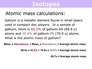 Isotopes
Atomic mass calculations:
Gallium is a metallic element found in small lasers
used in compact disc players. In a sample of
gallium, there is 60.2% of gallium-69 (68.9 u)
atoms and 39.8% of gallium-71 (70.9 u) atoms.
What is the atomic mass of gallium?
Mass1 x Abundance1 + Mass2 x Abundance2 = Average atomic mass
69.7u = Average atomic mass
68.9u x 60.2% + 70.9u x 39.8% = Average atomic mass
 
