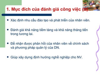 1. Mục đích của đánh giá công việc (tt) Xác định nhu cầu đào tạo và phát triển của nhân viên. Đánh giá khả năng tiềm tàng và khả năng thăng tiến trong tương lai. Để nhận được phản hồi của nhân viên về chính sách và phương pháp quản lý của DN. Giúp xây dựng định hướng nghề nghiệp cho NV. 