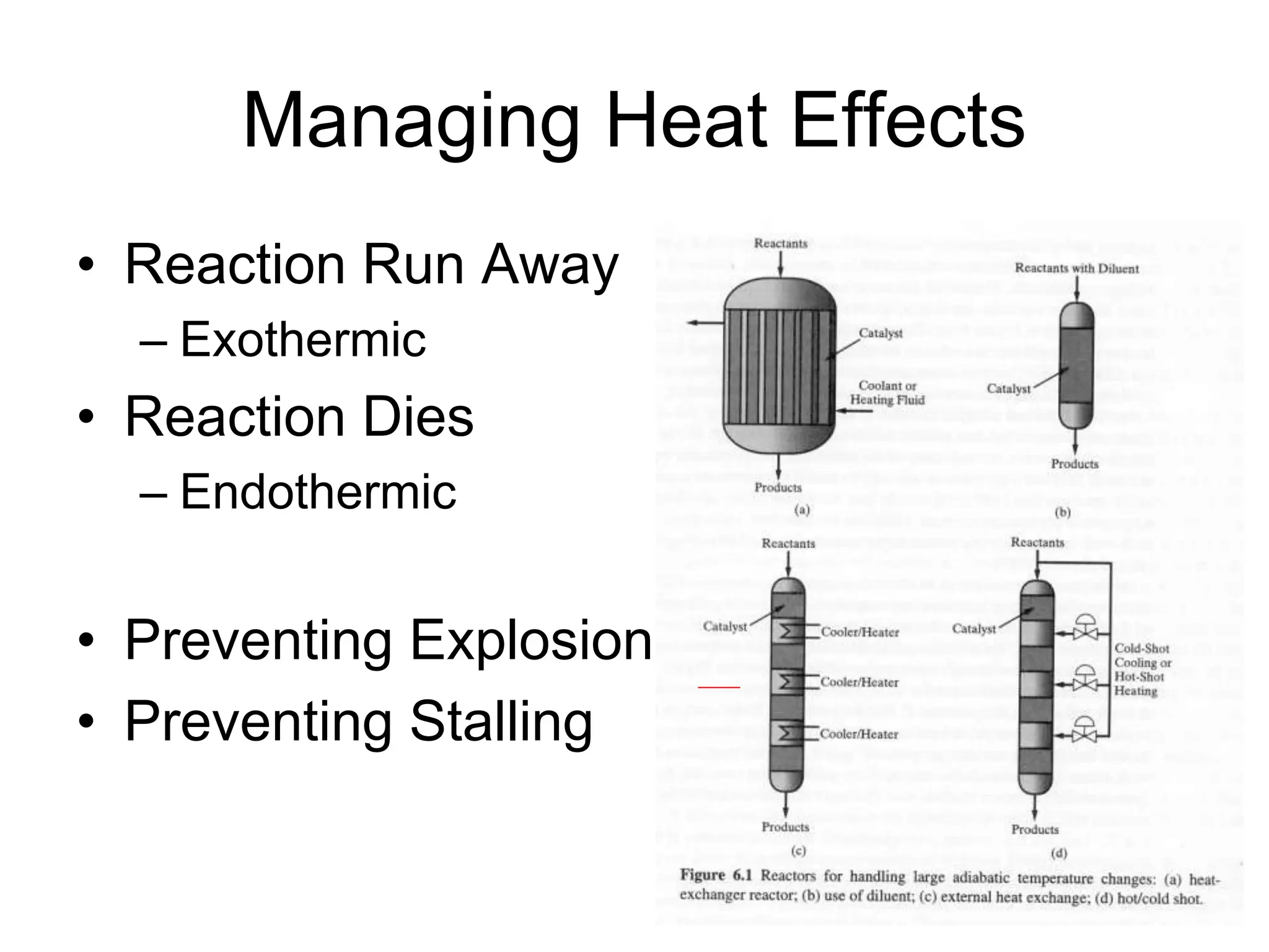 Managing Heat Effects
• Reaction Run Away
– Exothermic
• Reaction Dies
– Endothermic
• Preventing Explosions
• Preventing Stalling
 