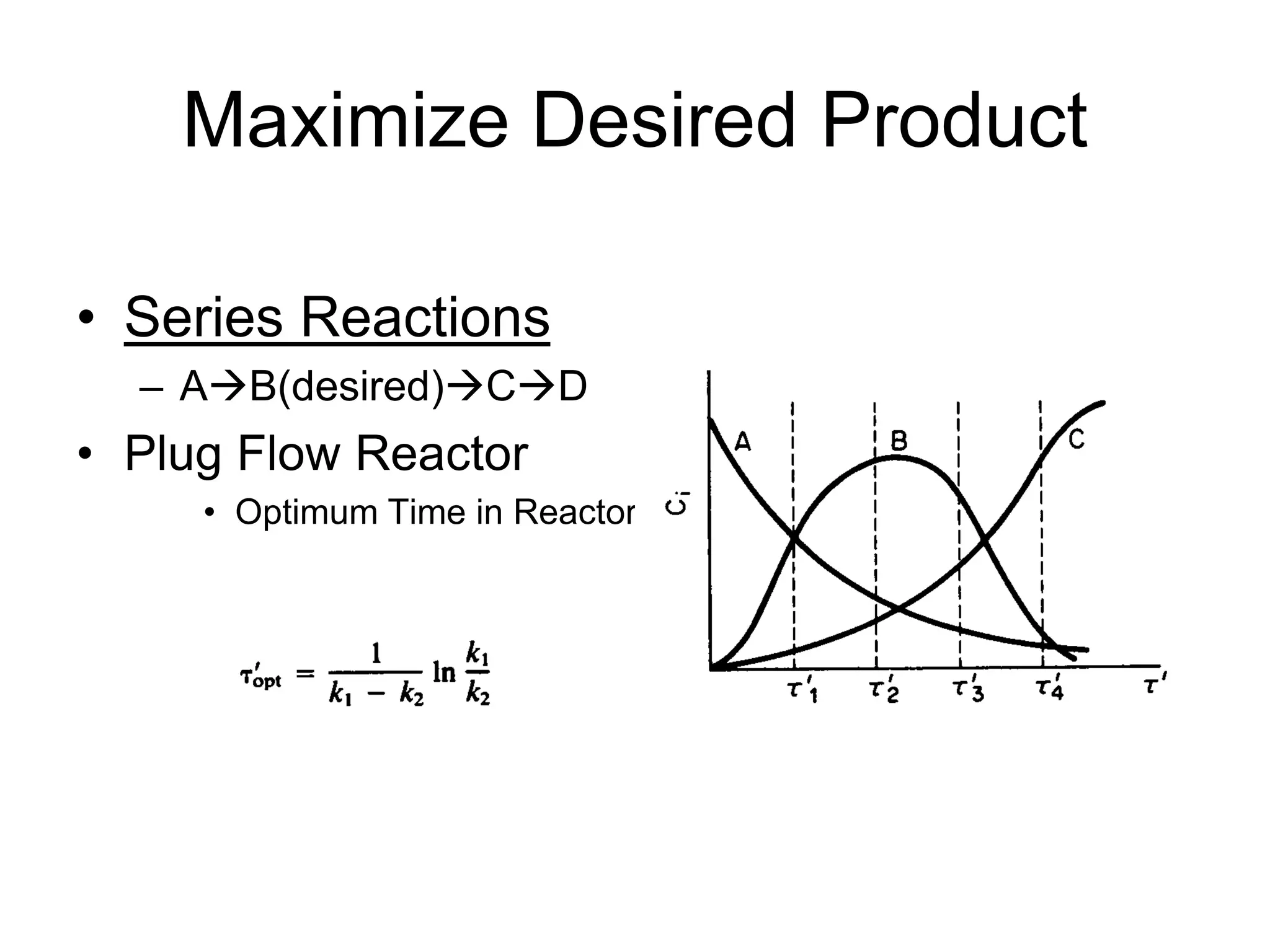 Maximize Desired Product
• Series Reactions
– AB(desired)CD
• Plug Flow Reactor
• Optimum Time in Reactor
 