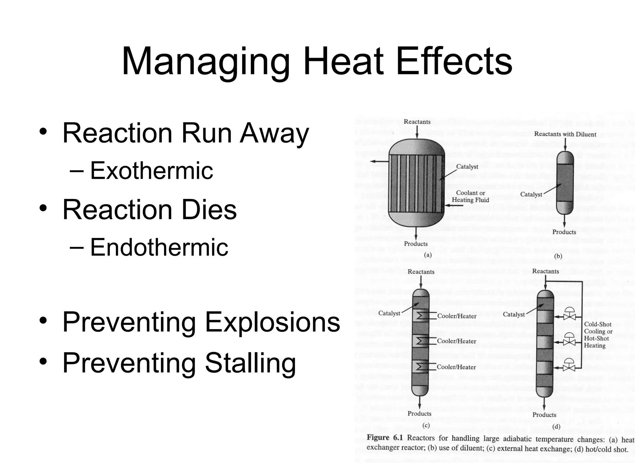 Managing Heat Effects
• Reaction Run Away
– Exothermic
• Reaction Dies
– Endothermic
• Preventing Explosions
• Preventing Stalling
 