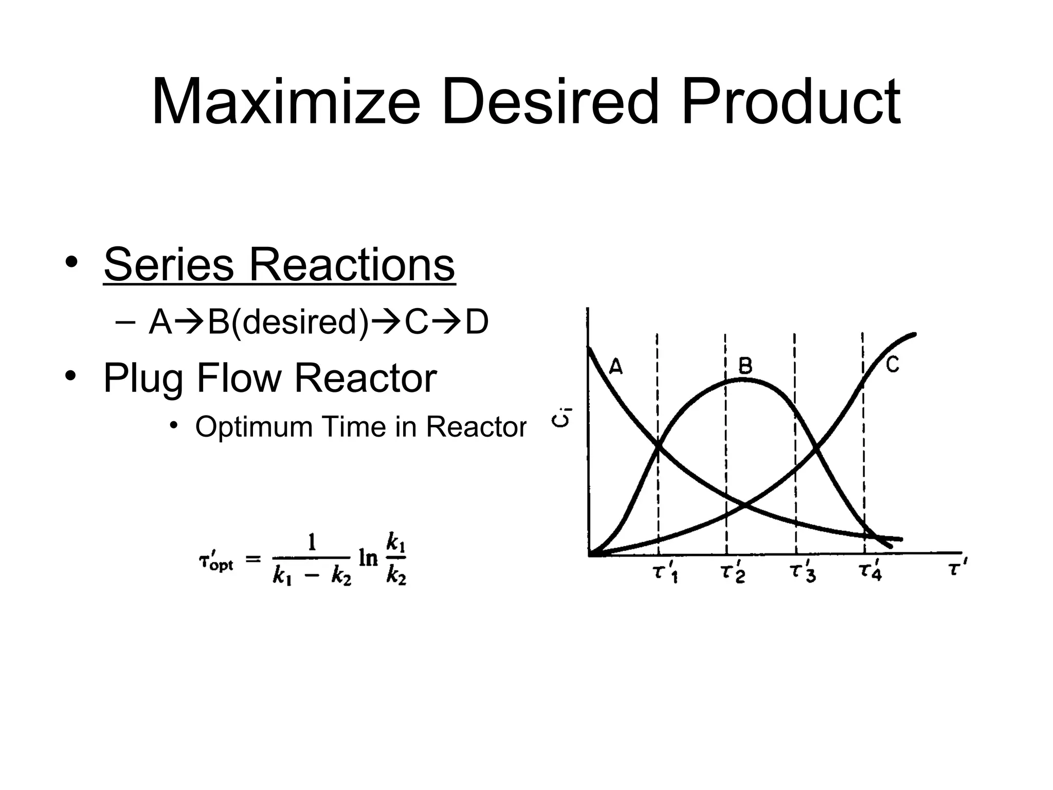 Maximize Desired Product
• Series Reactions
– AB(desired)CD
• Plug Flow Reactor
• Optimum Time in Reactor
 