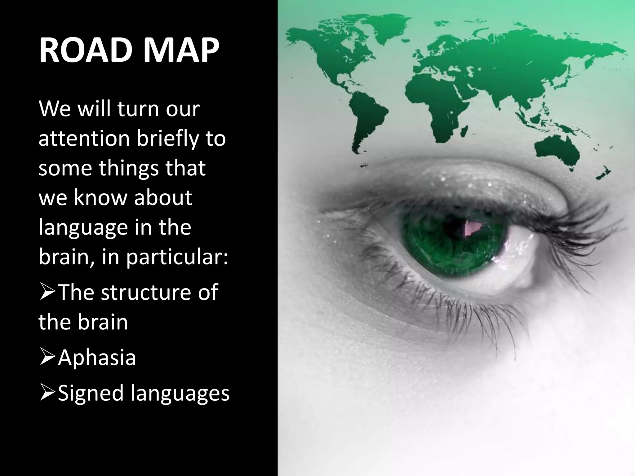 ROAD MAP
We will turn our
attention briefly to
some things that
we know about
language in the
brain, in particular:
The structure of
the brain
Aphasia
Signed languages
 