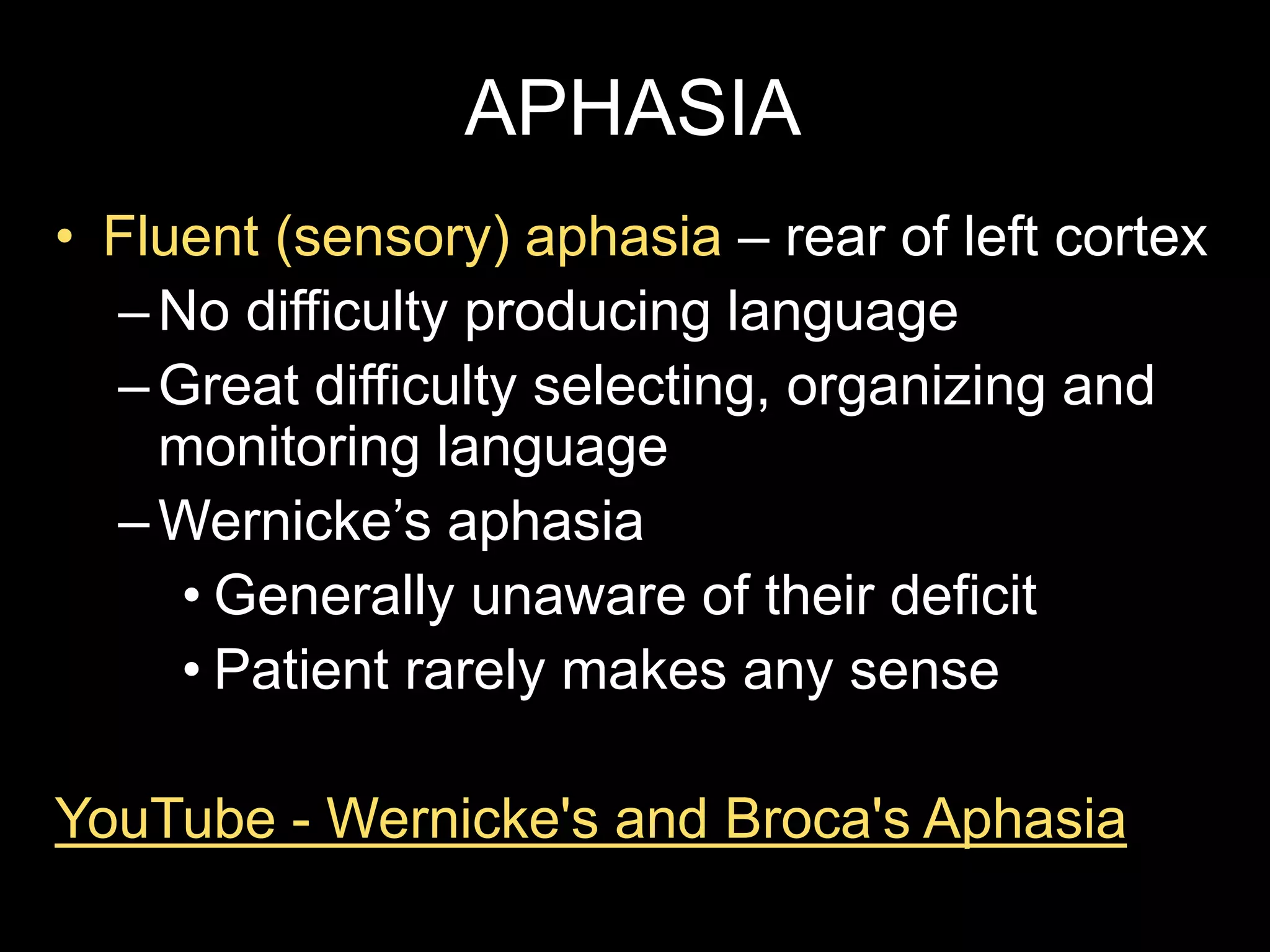 APHASIA
• Fluent (sensory) aphasia – rear of left cortex
–No difficulty producing language
–Great difficulty selecting, organizing and
monitoring language
–Wernicke’s aphasia
• Generally unaware of their deficit
• Patient rarely makes any sense
YouTube - Wernicke's and Broca's Aphasia
 