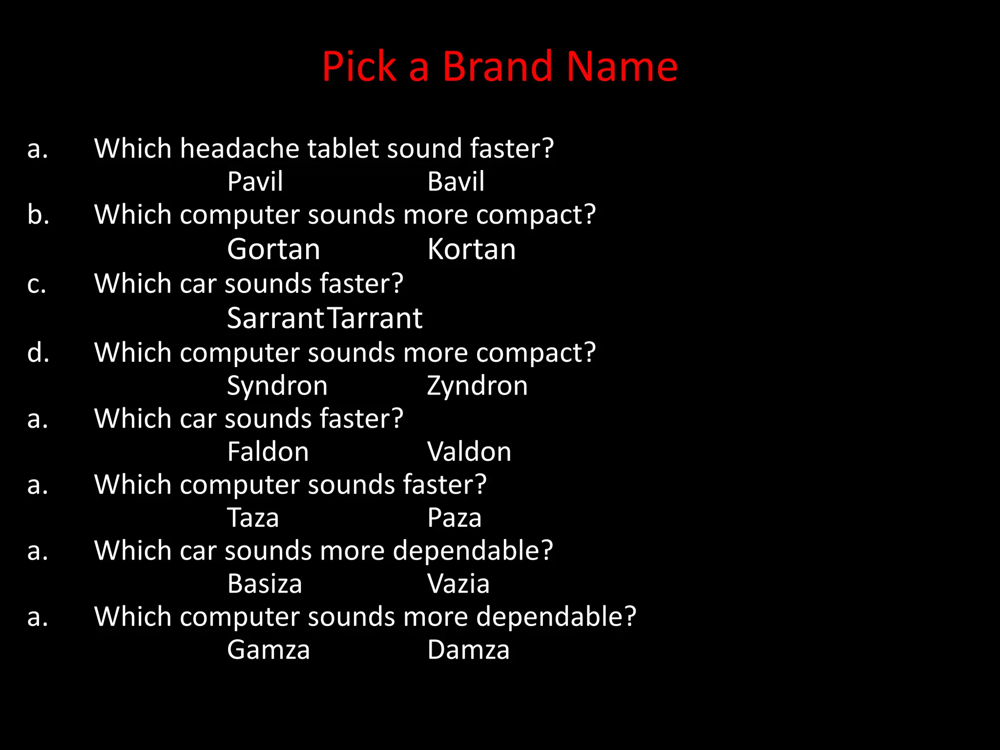 Pick a Brand Name
a. Which headache tablet sound faster?
Pavil Bavil
b. Which computer sounds more compact?
Gortan Kortan
c. Which car sounds faster?
SarrantTarrant
d. Which computer sounds more compact?
Syndron Zyndron
a. Which car sounds faster?
Faldon Valdon
a. Which computer sounds faster?
Taza Paza
a. Which car sounds more dependable?
Basiza Vazia
a. Which computer sounds more dependable?
Gamza Damza
 