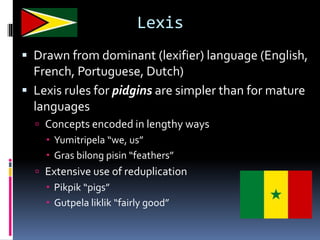 Lexis
 Drawn from dominant (lexifier) language (English,
French, Portuguese, Dutch)
 Lexis rules for pidgins are simpler than for mature
languages
 Concepts encoded in lengthy ways
 Yumitripela “we, us”
 Gras bilong pisin “feathers”
 Extensive use of reduplication
 Pikpik “pigs”
 Gutpela liklik “fairly good”
 