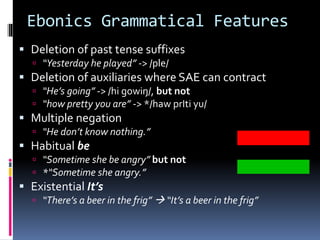Ebonics Grammatical Features
 Deletion of past tense suffixes
 “Yesterday he played” -> /ple/
 Deletion of auxiliaries where SAE can contract
 “He’s going” -> /hi gowiŋ/, but not
 “how pretty you are” -> */haw prIti yu/
 Multiple negation
 “He don’t know nothing.”
 Habitual be
 “Sometime she be angry” but not
 *“Sometime she angry.”
 Existential It’s
 “There’s a beer in the frig”  “It’s a beer in the frig”
 