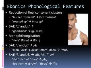 Ebonics Phonological Features
 Reduction of final consonant clusters
 “burned my hand”  /bŗn ma hæn/
 “messed up”  /mεs əp/
 SAE /d/ and /t/ 
 “good man”  /gυ mæn/
 Monophthongization
 “time” /Taim/  /Tam/
 SAE /l/ and /r/  /ə/
 “steal” /stil/  /stiə/; “more” /mor/  /moə/
 SAE /ð/ and /θ/  /d/, /t/, /f/, /v/
 “thin”  /tin/; “they”  /de/
 “brother”  /brəvŗ/; “three”  /fri/
 