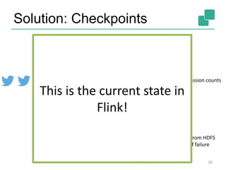 Solution: Checkpoints
24
Operator
“count tweet
impressions”
User Function
impression counts
Retrieve/set
count for
tweet it
Periodic checkpoints
of state to HDFS
Restore from HDFS
in case of failure
state
This is the current state in
Flink!
 