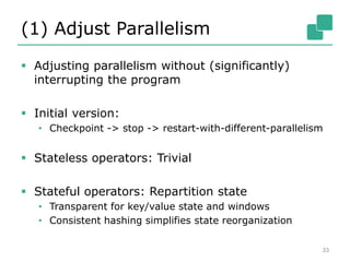 (1) Adjust Parallelism
 Adjusting parallelism without (significantly)
interrupting the program
 Initial version:
• Checkpoint -> stop -> restart-with-different-parallelism
 Stateless operators: Trivial
 Stateful operators: Repartition state
• Transparent for key/value state and windows
• Consistent hashing simplifies state reorganization
33
 