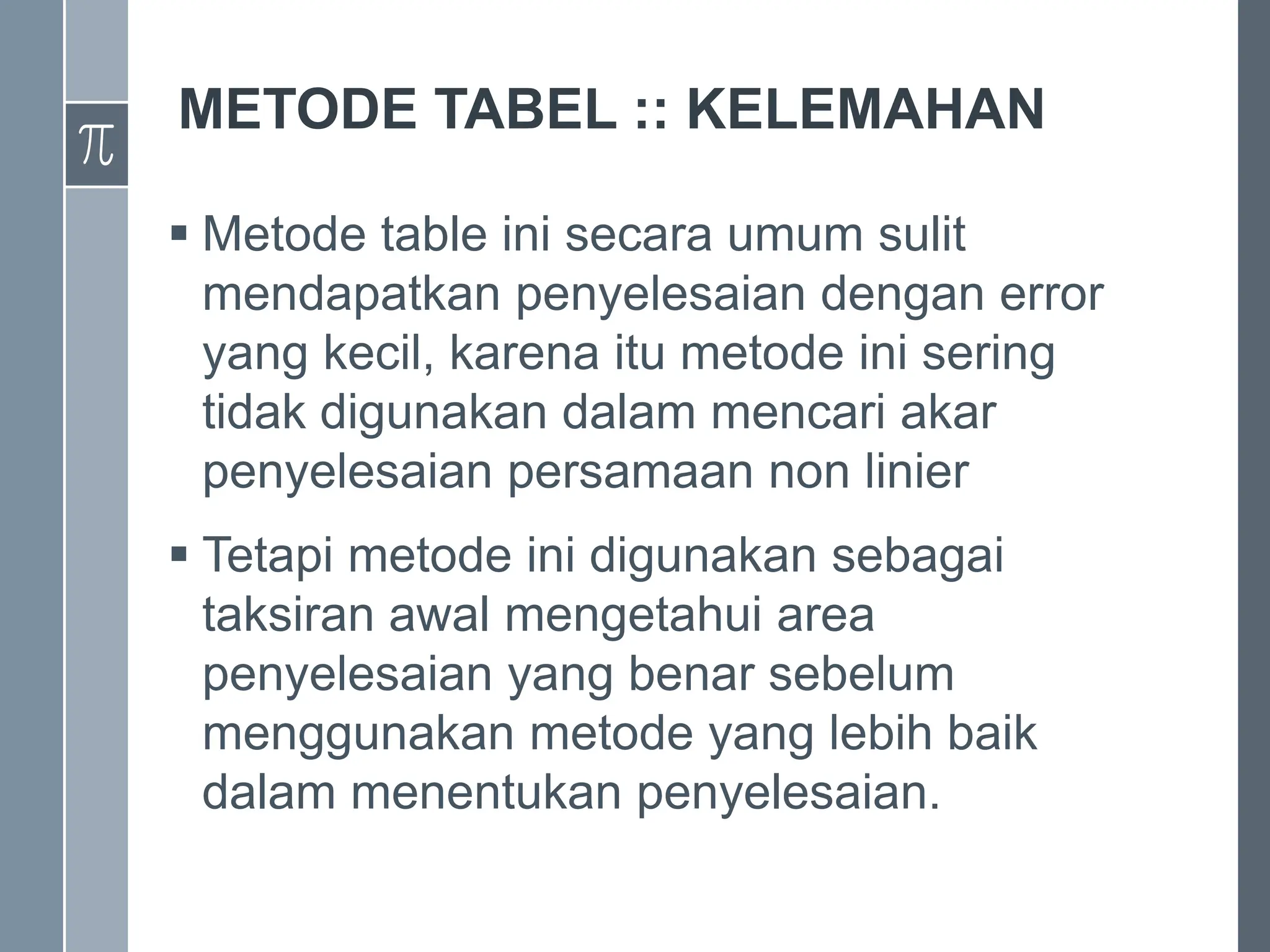 METODE TABEL :: KELEMAHAN
 Metode table ini secara umum sulit
mendapatkan penyelesaian dengan error
yang kecil, karena itu metode ini sering
tidak digunakan dalam mencari akar
penyelesaian persamaan non linier
 Tetapi metode ini digunakan sebagai
taksiran awal mengetahui area
penyelesaian yang benar sebelum
menggunakan metode yang lebih baik
dalam menentukan penyelesaian.
 
