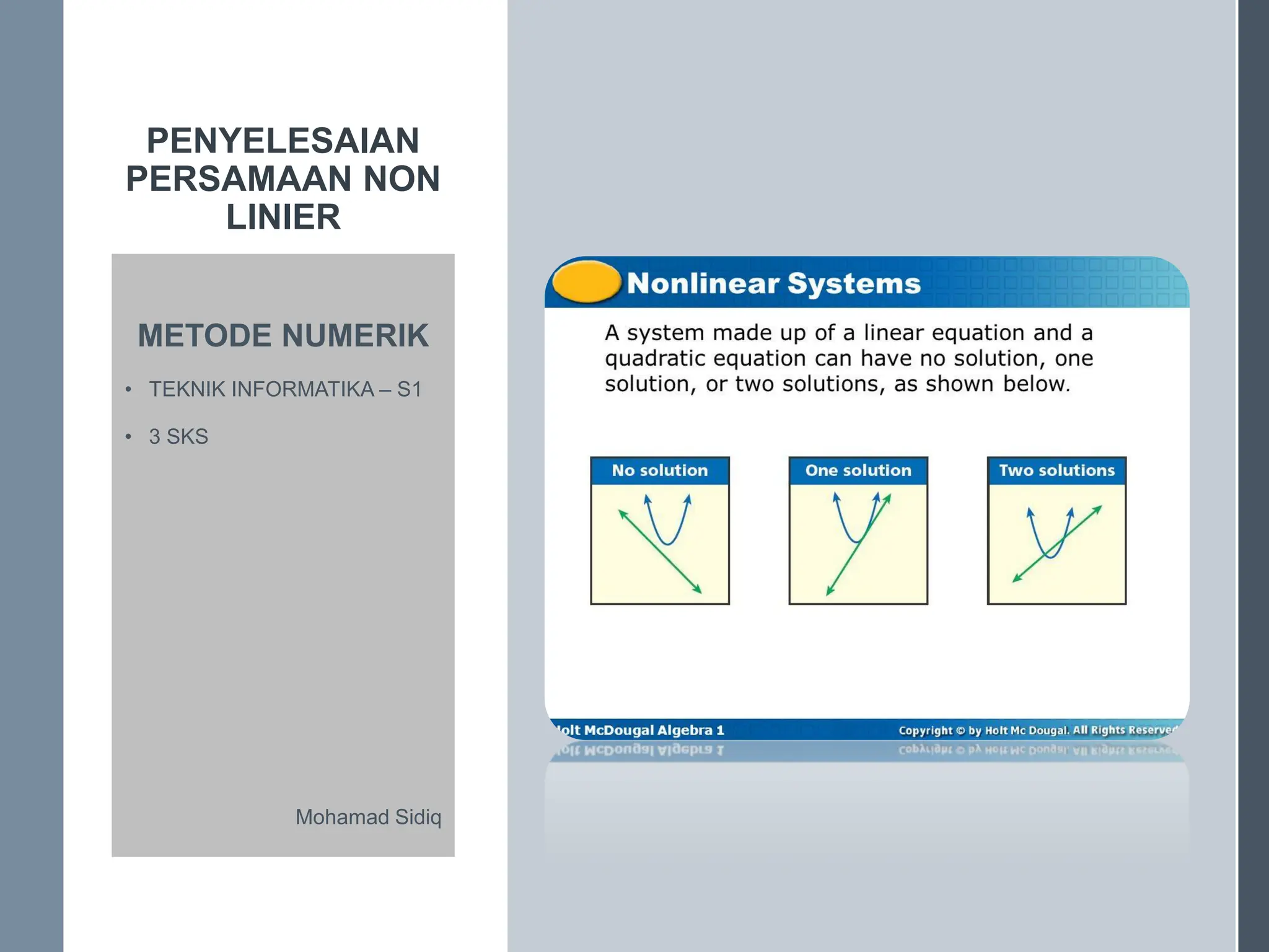 PENYELESAIAN
PERSAMAAN NON
LINIER
METODE NUMERIK
• TEKNIK INFORMATIKA – S1
• 3 SKS
Mohamad Sidiq
 