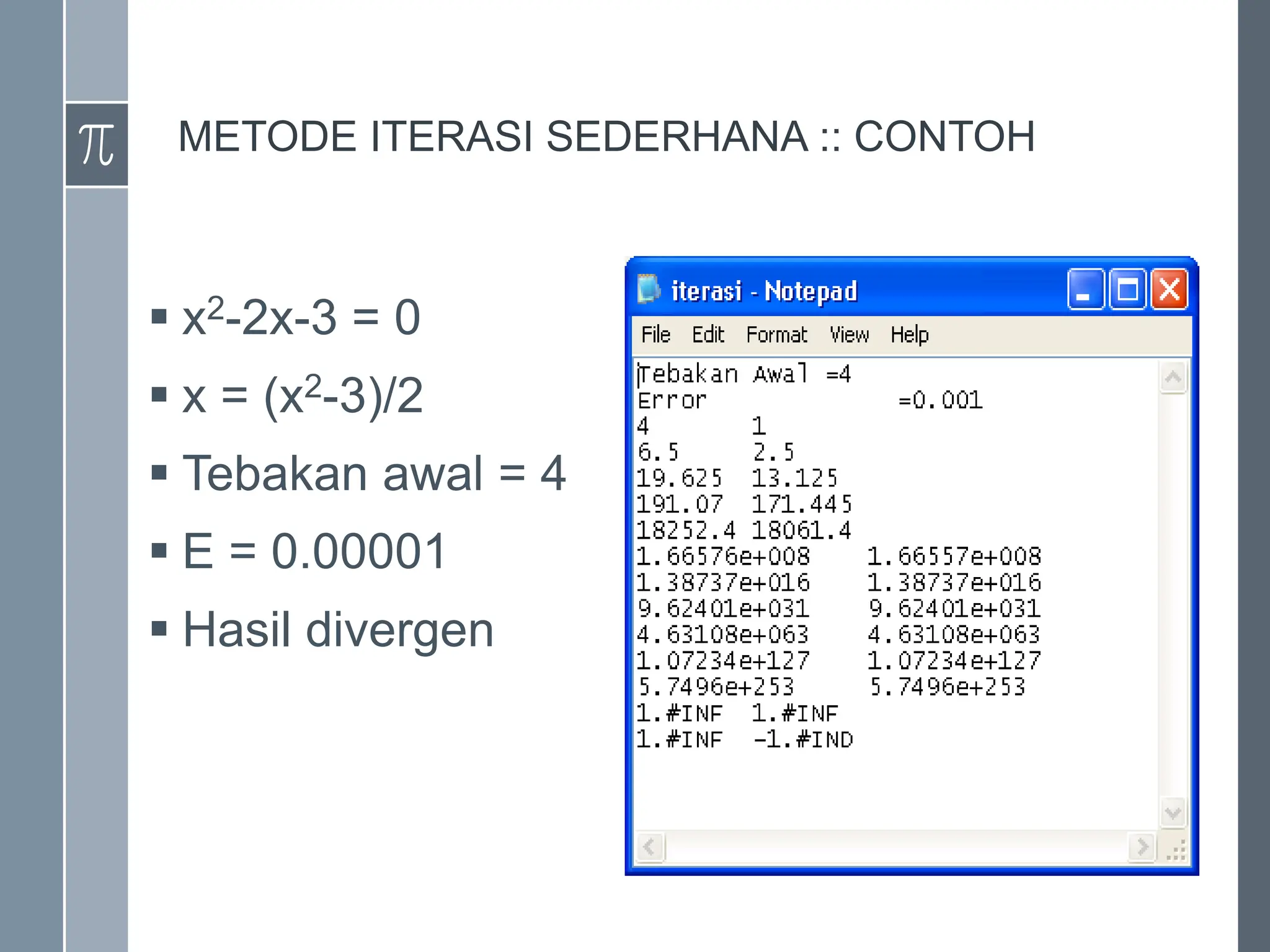 METODE ITERASI SEDERHANA :: CONTOH
 x2-2x-3 = 0
 x = (x2-3)/2
 Tebakan awal = 4
 E = 0.00001
 Hasil divergen
 