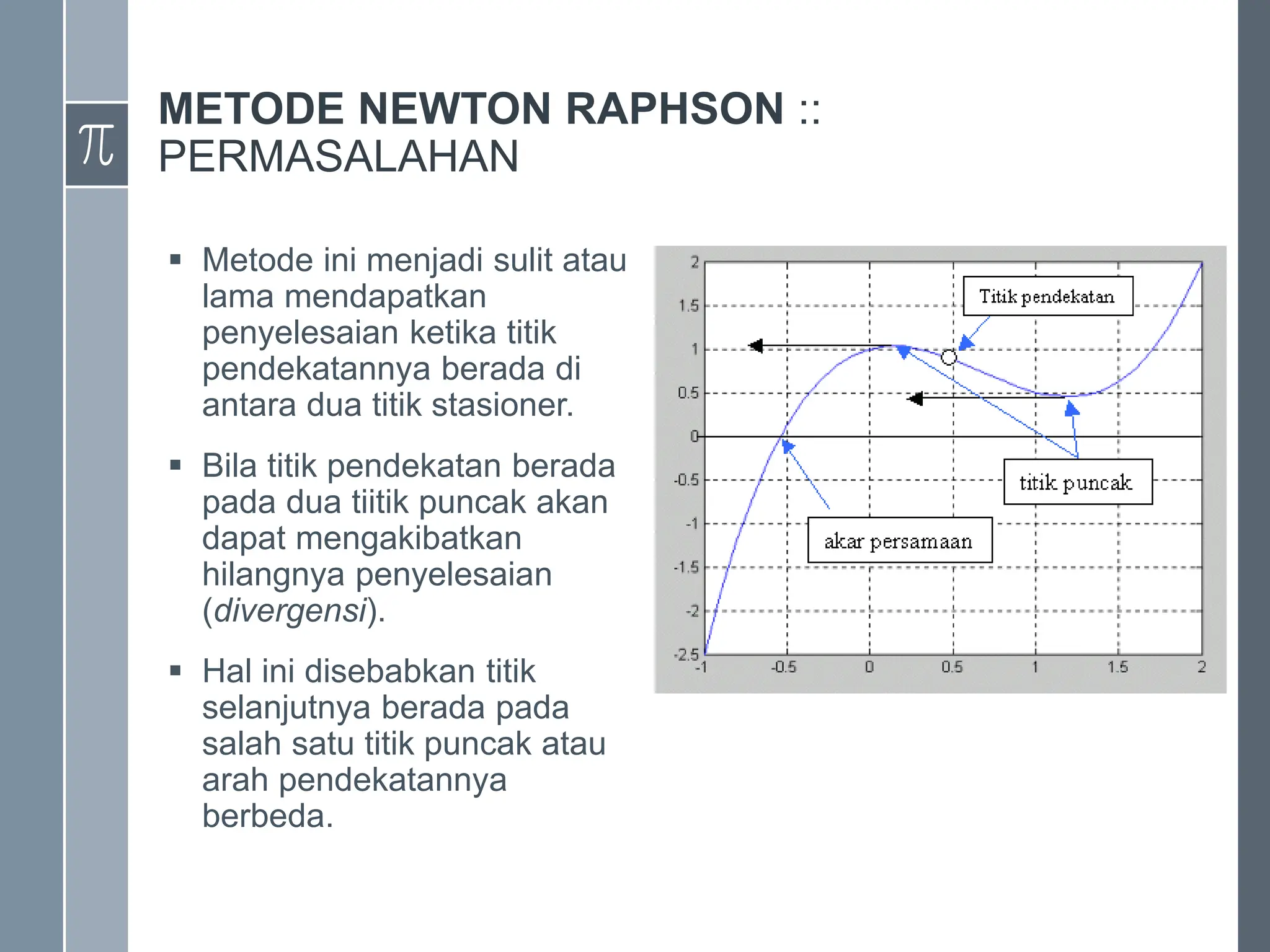METODE NEWTON RAPHSON ::
PERMASALAHAN
 Metode ini menjadi sulit atau
lama mendapatkan
penyelesaian ketika titik
pendekatannya berada di
antara dua titik stasioner.
 Bila titik pendekatan berada
pada dua tiitik puncak akan
dapat mengakibatkan
hilangnya penyelesaian
(divergensi).
 Hal ini disebabkan titik
selanjutnya berada pada
salah satu titik puncak atau
arah pendekatannya
berbeda.
 