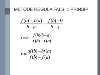 METODE REGULA FALSI :: PRINSIP
x
b
b
f
a
b
a
f
b
f




 0
)
(
)
(
)
(
)
(
)
(
)
)(
(
a
f
b
f
a
b
b
f
b
x




)
(
)
(
)
(
)
(
a
f
b
f
a
bf
b
af
x



 