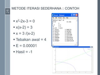 METODE ITERASI SEDERHANA :: CONTOH
 x2-2x-3 = 0
 x(x-2) = 3
 x = 3 /(x-2)
 Tebakan awal = 4
 E = 0.00001
 Hasil = -1
 