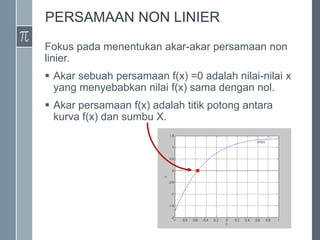 PERSAMAAN NON LINIER
Fokus pada menentukan akar-akar persamaan non
linier.
 Akar sebuah persamaan f(x) =0 adalah nilai-nilai x
yang menyebabkan nilai f(x) sama dengan nol.
 Akar persamaan f(x) adalah titik potong antara
kurva f(x) dan sumbu X.
●
●
 