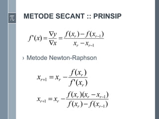 METODE SECANT :: PRINSIP
› Metode Newton-Raphson
1
1)
(
)
(
)
(
'








r
r
r
r
x
x
x
f
x
f
x
y
x
f
)
(
'
)
(
1
r
r
r
r
x
f
x
f
x
x 


)
(
)
(
)
)(
(
1
1
1







r
r
r
r
r
r
r
x
f
x
f
x
x
x
f
x
x
 