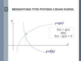 MENGHITUNG TITIK POTONG 2 BUAH KURVA
x
y
y=f(x)
y=g(x)
p
f(x) = g(x)
atau
f(x) – g(x) = 0
 