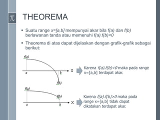 THEOREMA
 Suatu range x=[a,b] mempunyai akar bila f(a) dan f(b)
berlawanan tanda atau memenuhi f(a).f(b)<0
 Theorema di atas dapat dijelaskan dengan grafik-grafik sebagai
berikut:
Karena f(a).f(b)<0 maka pada range
x=[a,b] terdapat akar.
Karena f(a).f(b)>0 maka pada
range x=[a,b] tidak dapat
dikatakan terdapat akar.
 