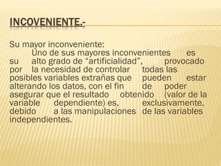 Su mayor inconveniente:
      Uno de sus mayores inconvenientes      es
su alto grado de “artificialidad”,      provocado
por la necesidad de controlar todas las
posibles variables extrañas que pueden       estar
alterando los datos, con el fin   de poder
asegurar que el resultado obtenido (valor de la
variable dependiente) es,         exclusivamente,
debido      a las manipulaciones de las variables
independientes.
 