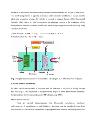 2	
  
	
  
the PEM to the cathode and subsequently combine with the electrons and oxygen to form water.
The anode compartment is typically maintained under anaerobic conditions as oxygen inhibits
electricity generation whereas the cathode is exposed to oxygen (Logan, 2008; Rahimnejad
Mostafa, 2009). Du et al., 2007 reported that the electrode reaction is the breakdown of the
biodegradable substrate to carbon dioxide and water along with production of electricity using
acetate as a substrate.
Anode reaction: CH3COO−
+ 2H2O 2CO2 + 7H+
+ 8e−
Cathode reaction: O2 + 4e−
+ 4H → 2H2O
Fig 1: Graphical representation of microbial fuel cells (Logan, B.E. 2008.Microbial fuel cells)
Electron transfer mechanisms
In MFCs, the bacterial transfer of electrons from the substrates to electrodes is mainly through
two ways (Fig.2). The mechanism of electron transfer may be of either direct transfer (mediator-
less) or indirect electron transfer (mediator MFC) (Yan-ping, 2008).
Direct electron transfer:
There are several microorganisms (Eg. Shewanella putrefaciens, Geobacter
sulferreducens, G. metallireducens and Rhodoferax ferrireducens) that transfer electrons from
inside the cell to extracellular acceptors via c-type cytochromes, biofilms and highly conductive
 