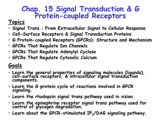 Chap. 15 Signal Transduction & G
Protein-coupled Receptors
Topics
• Signal Trans.: From Extracellular Signal to Cellular Response
• Cell-Surface Receptors & Signal Transduction Proteins
• G Protein-coupled Receptors (GPCRs): Structure and Mechanism
• GPCRs That Regulate Ion Channels
• GPCRs That Regulate Adenylyl Cyclase
• GPCRs That Regulate Cytosolic Calcium
Goals
• Learn the general properties of signaling molecules (ligands),
cell-surface receptors, & intracellular signal transduction
components.
• Learn the G protein cycle of reactions involved in GPCR
signaling.
• Learn the rhodopsin signal trans pathway used in vision.
• Learn the epinephrine receptor signal trans pathway used for
control of glycogen degradation.
• Learn about the GPCR-stimulated IP3/DAG signaling pathway.
 
