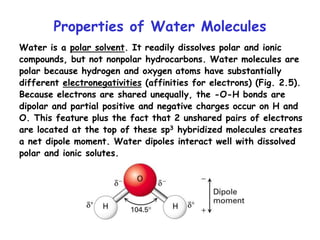 Properties of Water Molecules
Water is a polar solvent. It readily dissolves polar and ionic
compounds, but not nonpolar hydrocarbons. Water molecules are
polar because hydrogen and oxygen atoms have substantially
different electronegativities (affinities for electrons) (Fig. 2.5).
Because electrons are shared unequally, the -O-H bonds are
dipolar and partial positive and negative charges occur on H and
O. This feature plus the fact that 2 unshared pairs of electrons
are located at the top of these sp3 hybridized molecules creates
a net dipole moment. Water dipoles interact well with dissolved
polar and ionic solutes.
 