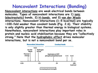 Noncovalent Interactions (Bonding)
Noncovalent interactions are weak electrical bonds between
molecules. Types of noncovalent interactions are 1) ionic
(electrostatic) bonds, 2) H-bonds, and 3) van der Waals
interactions. Noncovalent interactions (1-5 kcal/mol) are typically
~100-fold weaker than covalent bonds (Fig. 2.6). Their stability
is only slightly greater than thermal energy in biological systems.
Nonetheless, noncovalent interactions play important roles in
protein and nucleic acid stabilization because they are "collectively
strong." Note that the hydrophobic effect drives molecular
interactions, but is not a noncovalent bond per se.
 