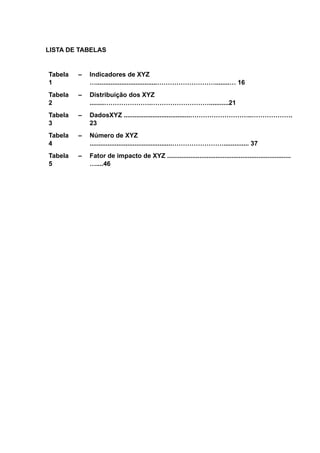 LISTA DE TABELAS
Tabela
1
– Indicadores de XYZ
…..................................………………………........… 16
Tabela
2
– Distribuição dos XYZ
........………………….………………………...........21
Tabela
3
– DadosXYZ .....................................………………………..……………….
23
Tabela
4
– Número de XYZ
..............................................…………………….............. 37
Tabela
5
– Fator de impacto de XYZ .....................................................................
…....46
 