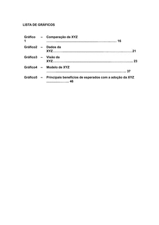 LISTA DE GRÁFICOS
Gráfico
1
– Comparação da XYZ
………...............................................…….…..…… 16
Gráfico2 – Dados da
XYZ………..............................................…..…………..………21
Gráfico3 – Visão da
XYZ…………...................................................………………... 23
Gráfico4 – Modelo de XYZ
……….........................................................................….. 37
Gráfico5 – Principais beneficios de esperados com a adoção da XYZ
...............……... 46
 