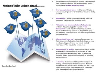  If quality education is provided for students it would enable
them to develop their skills and get employment in India
hence they can do away with Brain – Drain.
 Strict laws against child labour - indulging in child labor or
who are recruiting children for child labour should be strictly
punished.
 Midday meals - people should be made clear about the
objective of the introduction of midday meals.
 Politicization and Commercialization of education by
politicians should be stopped at any cost. Funds
Disbursement – funds allocated for primary education
should reach the needy. It should be stopped from going
into the wrong hands. Corruption and inefficiency should be
brought to an end.
 Schemes should come real - Various schemes meant for
the improvement of educational standards should no more
be a dream, they should come true in real. Books &
materials should be provided as per schemes.
 Institutional set up (NGOs)– institutions like the Bal Bhavan
& Sarva Siksha Abhiyan should be recognized , as they
recognize children with a marked talent for a particular
education stream. Appropriate funds should be raised for
such institutions.
 E – learning - Students should design their own pace of
learning, better computer & internet facilities at schools
would enable this process. Those students who don’t have
time to attend schools can make best use of it. Children
could even be given free laptops, tablets etc…
 