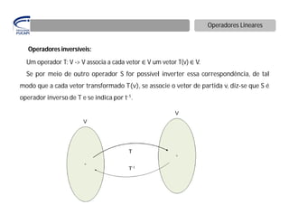 Operadores Lineares


   Operadores inversíveis:
  Um operador T: V -> V associa a cada vetor ∈ V um vetor T(v) ∈ V.
  Se por meio de outro operador S for possível inverter essa correspondência, de tal
modo que a cada vetor transformado T(v), se associe o vetor de partida v, diz-se que S é
operador inverso de T e se indica por t-1.
 