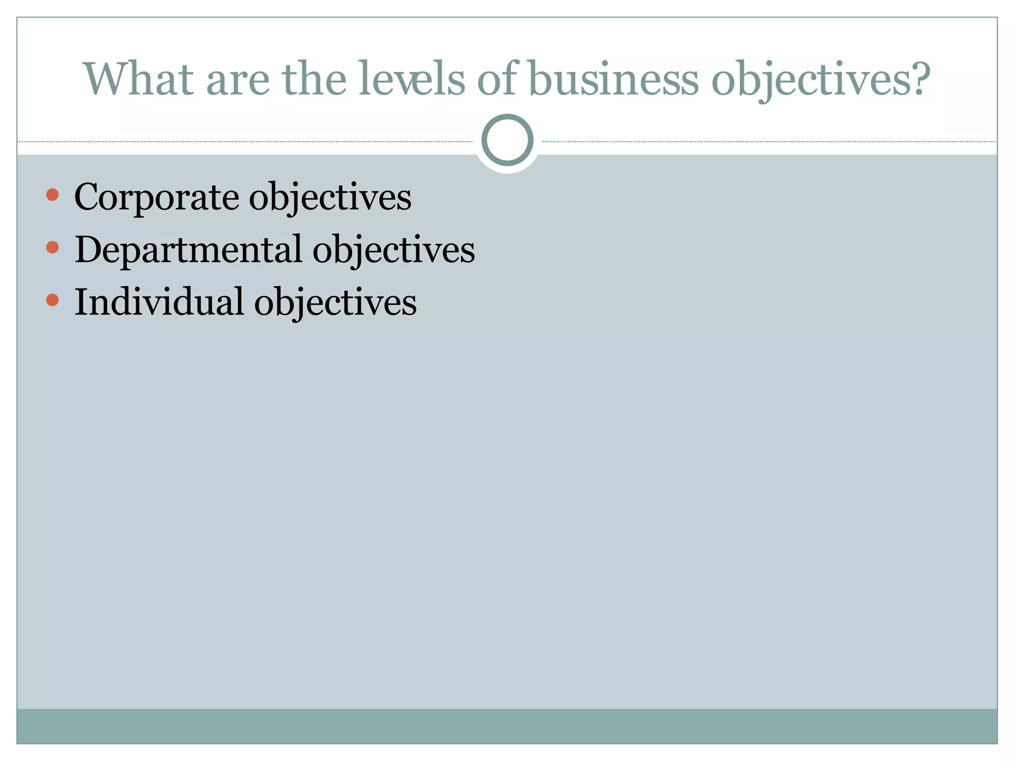 What are the levels of business objectives? Corporate objectives Departmental objectives Individual objectives 