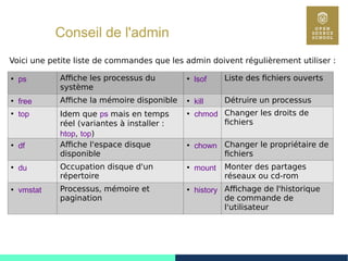 73
Conseil de l'admin
Voici une petite liste de commandes que les admin doivent régulièrement utiliser :
●
ps Affiche les processus du
système
●
lsof Liste des fichiers ouverts
●
free Affiche la mémoire disponible ●
kill Détruire un processus
●
top Idem que ps mais en temps
réel (variantes à installer :
htop, top)
●
chmod Changer les droits de
fichiers
●
df Affiche l'espace disque
disponible
●
chown Changer le propriétaire de
fichiers
●
du Occupation disque d'un
répertoire
●
mount Monter des partages
réseaux ou cd-rom
●
vmstat Processus, mémoire et
pagination
●
history Affichage de l'historique
de commande de
l'utilisateur
 