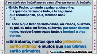 27 Então Pedro, tomando a palavra, disse-lhe:
Eis que nós deixamos tudo, e te seguimos;
que recompensa, pois, teremos nós?
[...].
29 E todo o que tiver deixado casas, ou irmãos, ou irmãs,
ou pai, ou mãe, ou filhos, ou terras, por amor do meu
nome, receberá cem vezes tanto, e herdará a vida
eterna.
30 Entretanto, muitos que são primeiros
serão últimos; e muitos que são últimos
serão primeiros.5
A parábola dos trabalhadores e das diversas horas do trabalho
D
A
Ú
L
T
I
M
A
H
O
R
A
T
R
A
B
A
L
H
A
D
O
R
E
S
JESUS - (Mateus, c 19 vv 27-30)Constantino - Espírito Protetor, Bordeaux, 1863
29 E todo o que tiver deixado casas, ou irmãos, ou irmãs,
ou pai, ou mãe, ou filhos, ou terras, por amor do meu
nome, receberá cem vezes tanto, e herdará a vida
eterna.
30 Entretanto, muitos que são primeiros
serão últimos; e muitos que são últimos
serão primeiros.
 