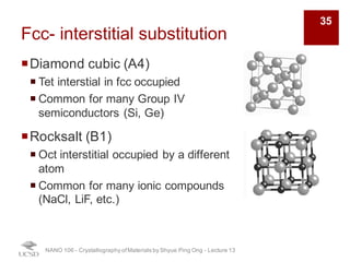 Fcc- interstitial substitution
¡Diamond cubic (A4)
¡ Tet interstial in fcc occupied
¡ Common for many Group IV
semiconductors (Si, Ge)
¡Rocksalt (B1)
¡ Oct interstitial occupied by a different
atom
¡ Common for many ionic compounds
(NaCl, LiF, etc.)
NANO 106 - Crystallography ofMaterials by Shyue Ping Ong - Lecture 13
35
 