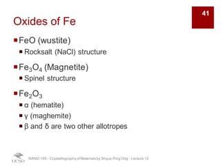Oxides of Fe
¡FeO (wustite)
¡ Rocksalt (NaCl) structure
¡Fe3O4 (Magnetite)
¡ Spinel structure
¡Fe2O3
¡ α (hematite)
¡ γ (maghemite)
¡ β and δ are two other allotropes
NANO 106 - Crystallography ofMaterials by Shyue Ping Ong - Lecture 13
41
 