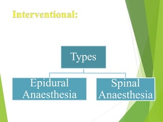 Types
Epidural
Anaesthesia
Spinal
Anaesthesia
 