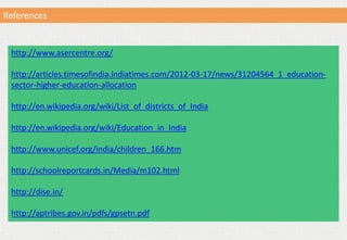 References
http://www.asercentre.org/
http://articles.timesofindia.indiatimes.com/2012-03-17/news/31204564_1_education-
sector-higher-education-allocation
http://en.wikipedia.org/wiki/List_of_districts_of_India
http://en.wikipedia.org/wiki/Education_in_India
http://www.unicef.org/india/children_166.htm
http://schoolreportcards.in/Media/m102.html
http://dise.in/
http://aptribes.gov.in/pdfs/gpsetn.pdf
 