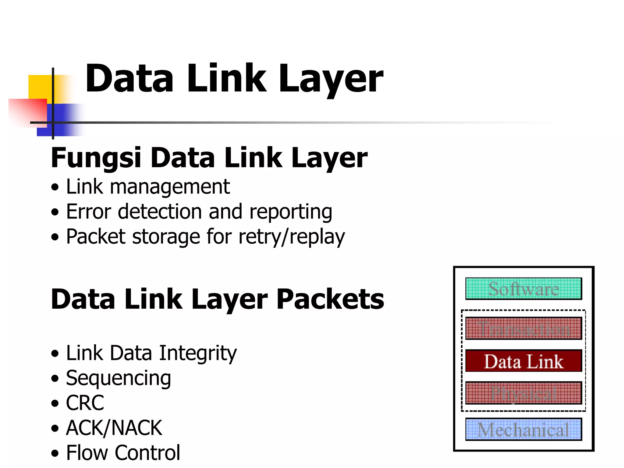 Data Link Layer
Fungsi Data Link Layer
• Link management
• Error detection and reporting
• Packet storage for retry/replay


Data Link Layer Packets
•   Link Data Integrity
•   Sequencing
•   CRC
•   ACK/NACK
•   Flow Control
 