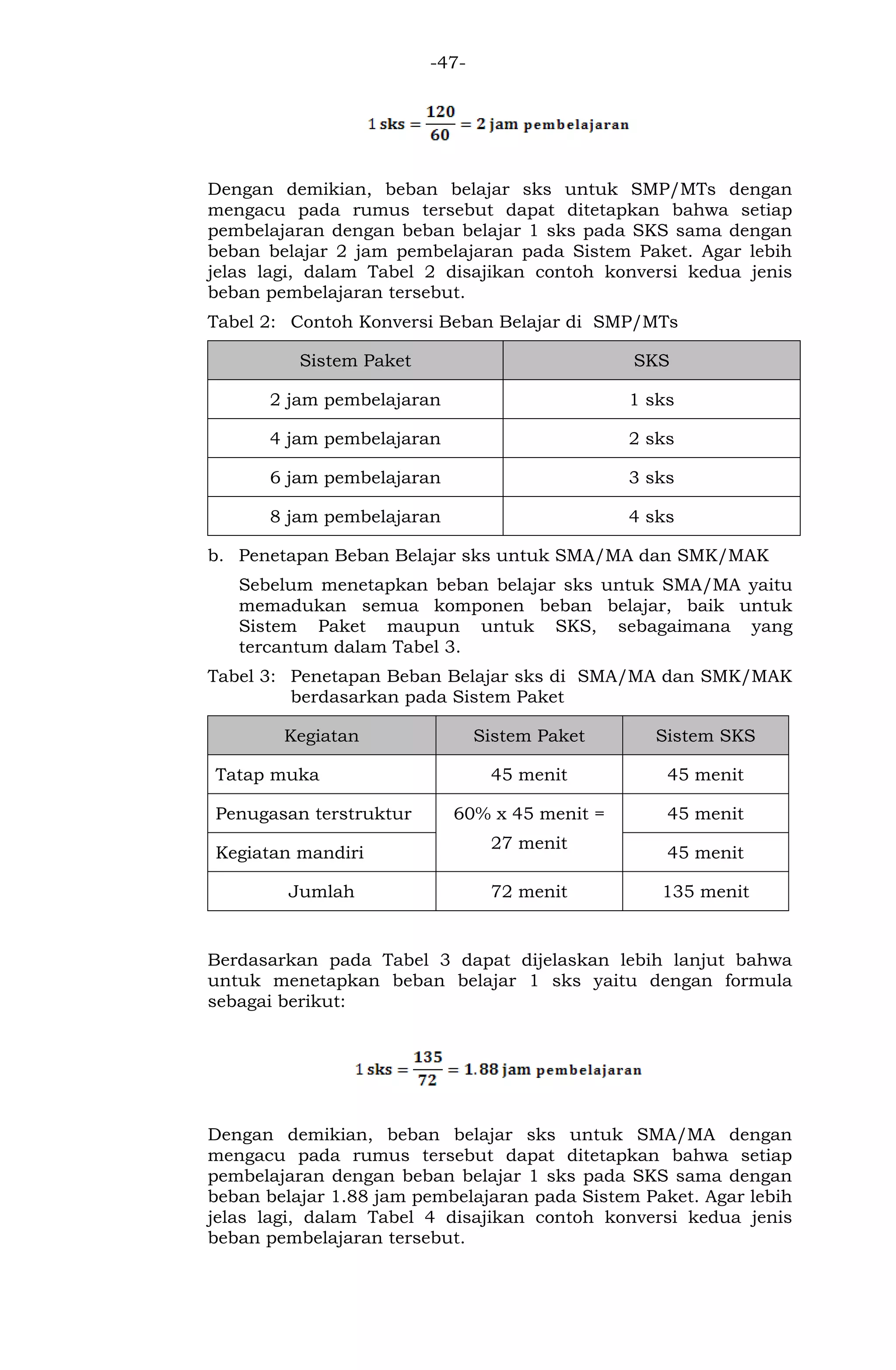 -47- 
Dengan demikian, beban belajar sks untuk SMP/MTs dengan mengacu pada rumus tersebut dapat ditetapkan bahwa setiap pembelajaran dengan beban belajar 1 sks pada SKS sama dengan beban belajar 2 jam pembelajaran pada Sistem Paket. Agar lebih jelas lagi, dalam Tabel 2 disajikan contoh konversi kedua jenis beban pembelajaran tersebut. 
Tabel 2: Contoh Konversi Beban Belajar di SMP/MTs Sistem Paket SKS 
2 jam pembelajaran 
1 sks 
4 jam pembelajaran 
2 sks 
6 jam pembelajaran 
3 sks 
8 jam pembelajaran 
4 sks 
b. Penetapan Beban Belajar sks untuk SMA/MA dan SMK/MAK 
Sebelum menetapkan beban belajar sks untuk SMA/MA yaitu memadukan semua komponen beban belajar, baik untuk Sistem Paket maupun untuk SKS, sebagaimana yang tercantum dalam Tabel 3. 
Tabel 3: Penetapan Beban Belajar sks di SMA/MA dan SMK/MAK berdasarkan pada Sistem Paket Kegiatan Sistem Paket Sistem SKS 
Tatap muka 
45 menit 
45 menit 
Penugasan terstruktur 
60% x 45 menit = 
27 menit 
45 menit 
Kegiatan mandiri 
45 menit 
Jumlah 
72 menit 
135 menit 
Berdasarkan pada Tabel 3 dapat dijelaskan lebih lanjut bahwa untuk menetapkan beban belajar 1 sks yaitu dengan formula sebagai berikut: 
Dengan demikian, beban belajar sks untuk SMA/MA dengan mengacu pada rumus tersebut dapat ditetapkan bahwa setiap pembelajaran dengan beban belajar 1 sks pada SKS sama dengan beban belajar 1.88 jam pembelajaran pada Sistem Paket. Agar lebih jelas lagi, dalam Tabel 4 disajikan contoh konversi kedua jenis beban pembelajaran tersebut.  