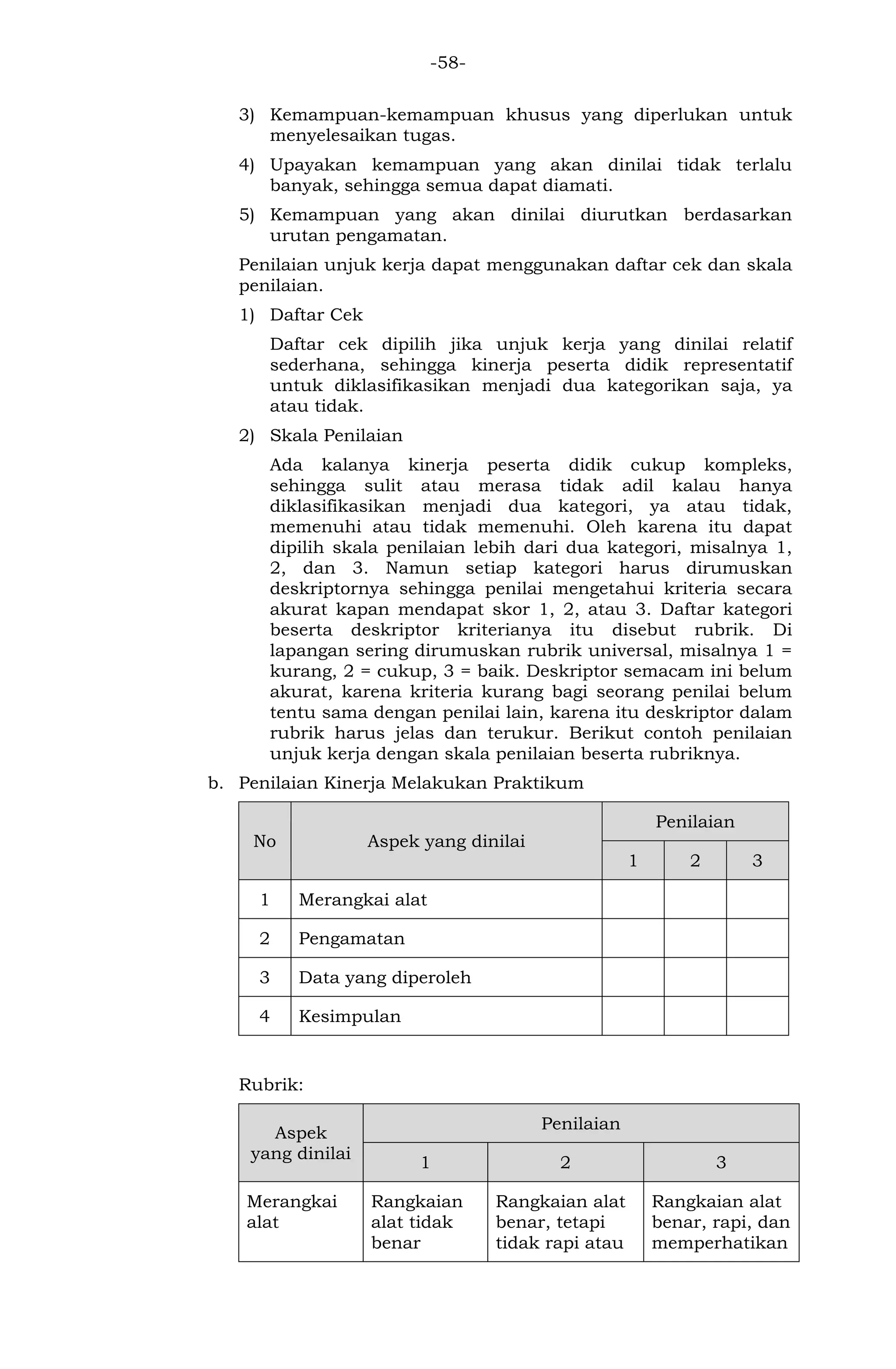 -58- 
3) Kemampuan-kemampuan khusus yang diperlukan untuk menyelesaikan tugas. 
4) Upayakan kemampuan yang akan dinilai tidak terlalu banyak, sehingga semua dapat diamati. 
5) Kemampuan yang akan dinilai diurutkan berdasarkan urutan pengamatan. 
Penilaian unjuk kerja dapat menggunakan daftar cek dan skala penilaian. 
1) Daftar Cek 
Daftar cek dipilih jika unjuk kerja yang dinilai relatif sederhana, sehingga kinerja peserta didik representatif untuk diklasifikasikan menjadi dua kategorikan saja, ya atau tidak. 
2) Skala Penilaian 
Ada kalanya kinerja peserta didik cukup kompleks, sehingga sulit atau merasa tidak adil kalau hanya diklasifikasikan menjadi dua kategori, ya atau tidak, memenuhi atau tidak memenuhi. Oleh karena itu dapat dipilih skala penilaian lebih dari dua kategori, misalnya 1, 2, dan 3. Namun setiap kategori harus dirumuskan deskriptornya sehingga penilai mengetahui kriteria secara akurat kapan mendapat skor 1, 2, atau 3. Daftar kategori beserta deskriptor kriterianya itu disebut rubrik. Di lapangan sering dirumuskan rubrik universal, misalnya 1 = kurang, 2 = cukup, 3 = baik. Deskriptor semacam ini belum akurat, karena kriteria kurang bagi seorang penilai belum tentu sama dengan penilai lain, karena itu deskriptor dalam rubrik harus jelas dan terukur. Berikut contoh penilaian unjuk kerja dengan skala penilaian beserta rubriknya. 
b. Penilaian Kinerja Melakukan Praktikum No Aspek yang dinilai Penilaian 1 2 3 
1 
Merangkai alat 
2 
Pengamatan 
3 
Data yang diperoleh 
4 
Kesimpulan 
Rubrik: Aspek yang dinilai Penilaian 1 2 3 
Merangkai alat 
Rangkaian alat tidak benar 
Rangkaian alat benar, tetapi tidak rapi atau 
Rangkaian alat benar, rapi, dan memperhatikan  